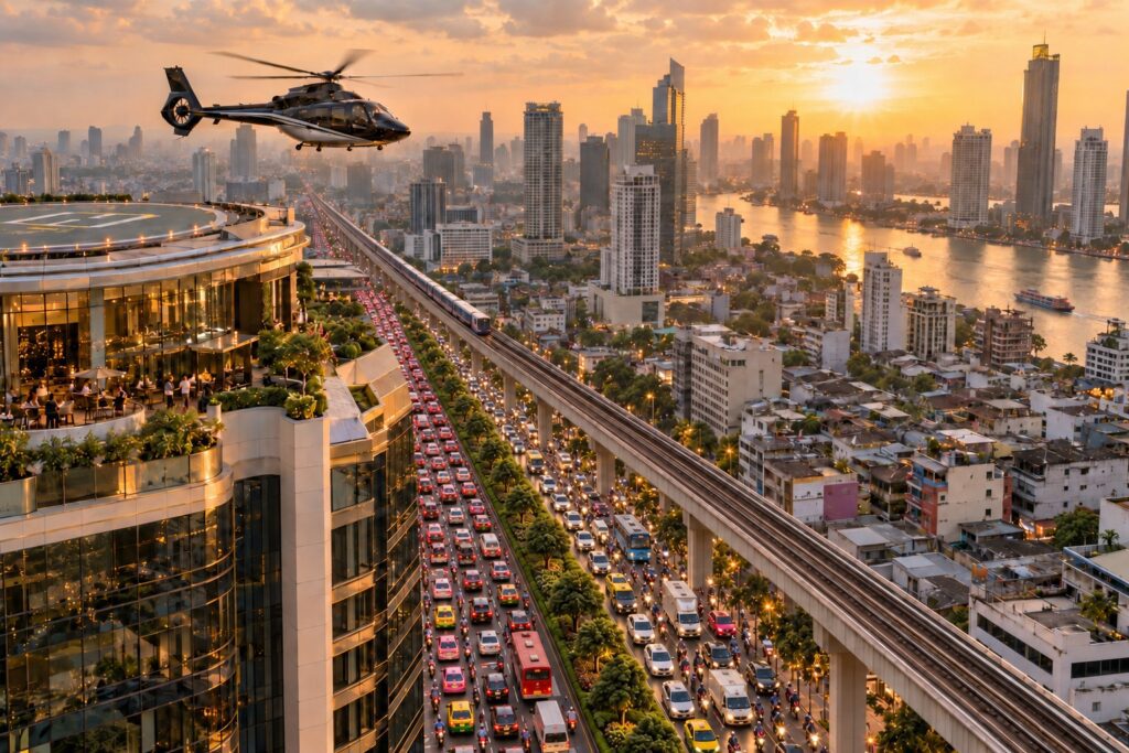 Drone view of Bangkok's rush hour